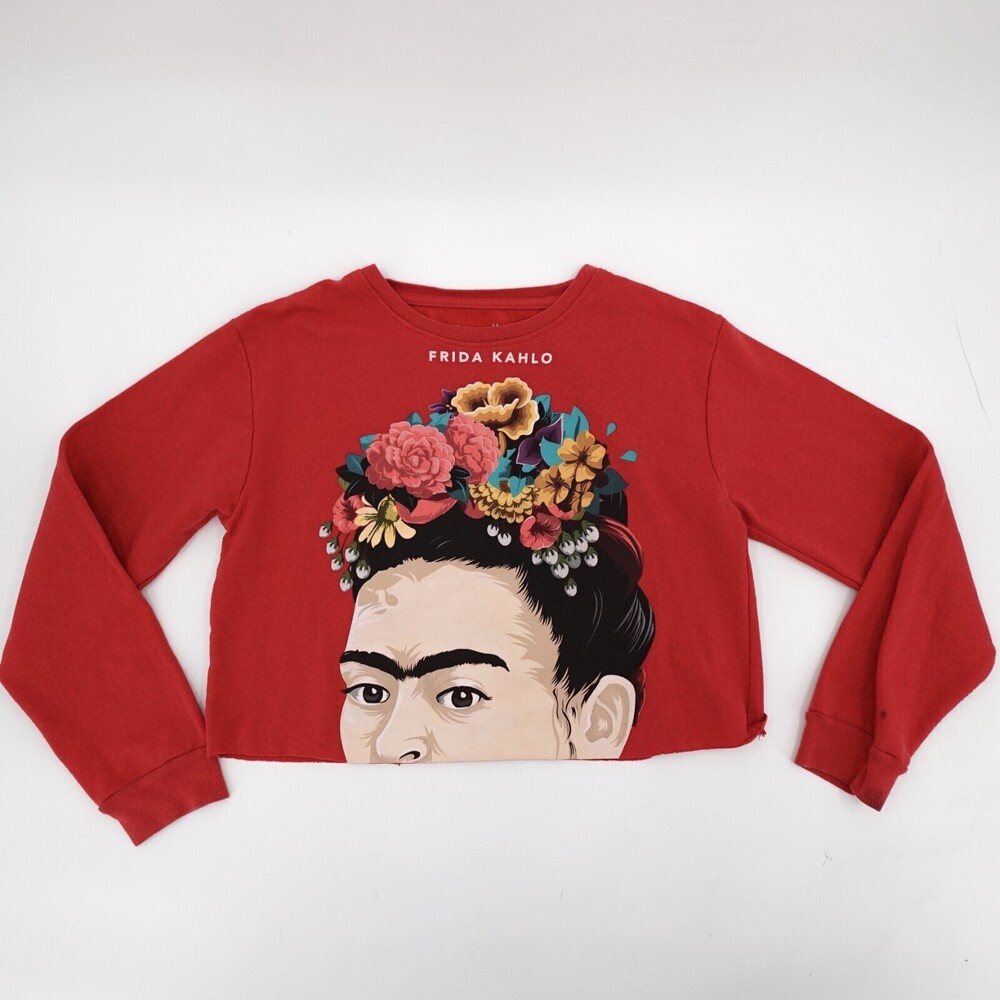 Frida Kahlo Shirt Womens Extra Small Red Crop Graphic Print Pullover Artist Red